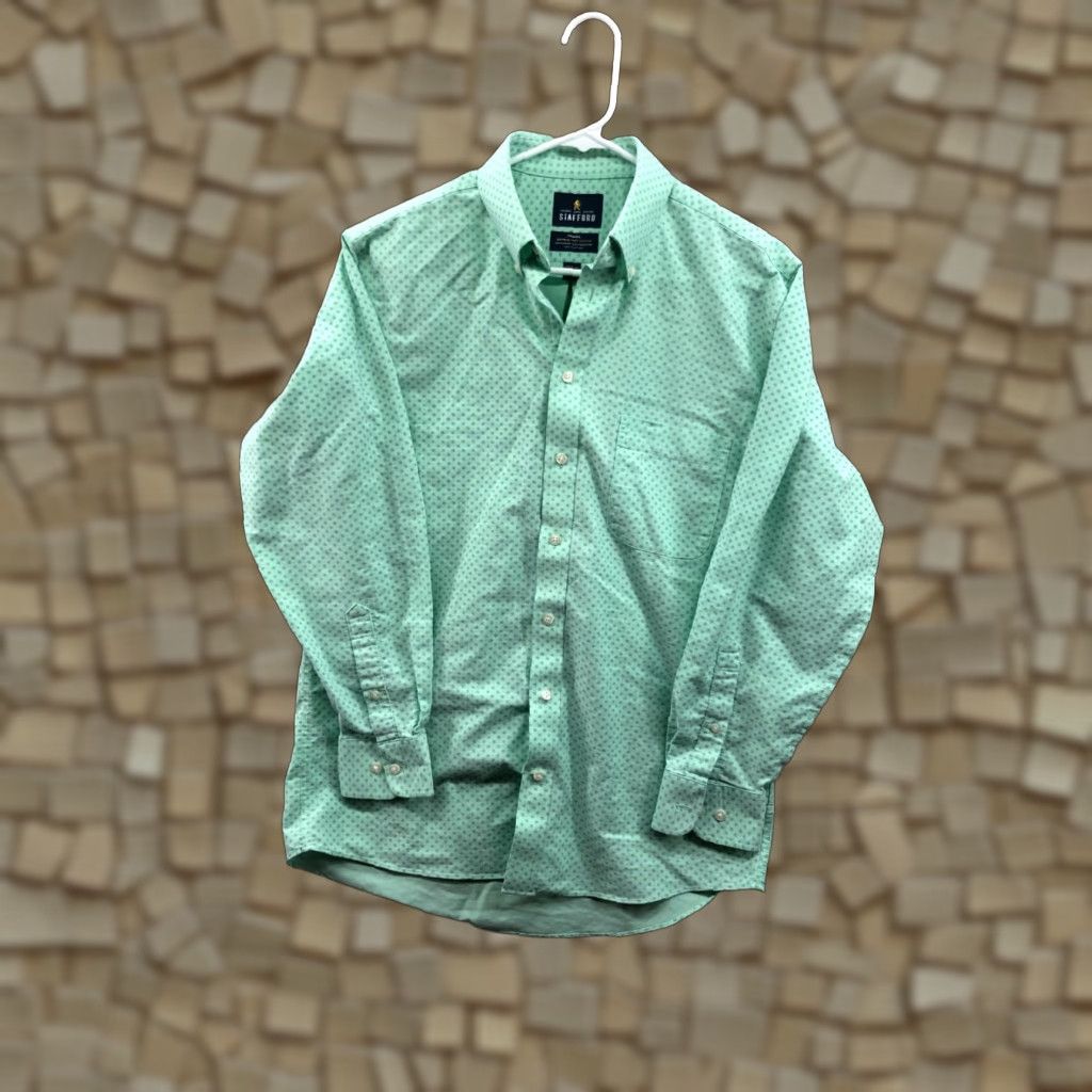 Stafford Stafford Travel Shirt Mens Regular Size 15.5 Green Long Sleeve Button-Up Collar Spread Geometric Pattern Modern Classic Outdoor Size US L / EU 52-54 / 3 - 1 Thumbnail