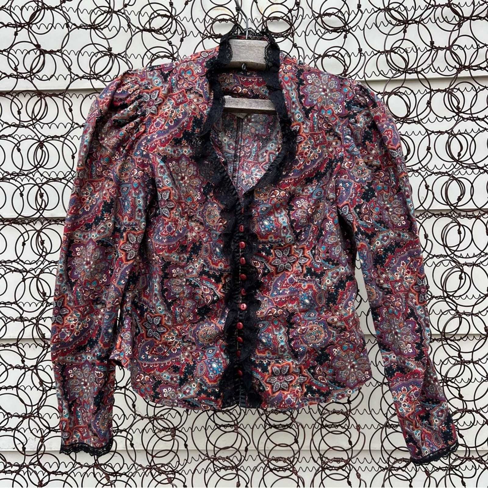 80s Victorian paisley lace trim puff sleeve western blouse