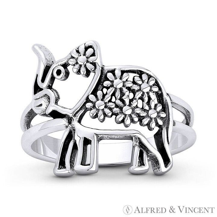 Other Elephant Spirit Animal & Flower Ring in 925 Sterling Silver Size ONE SIZE - 1 Preview