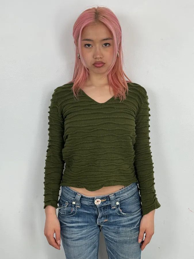 Just Cavalli 2000s Cavalli Olive Textured Wave Wool Sweater Size XS / US 0-2 / IT 36-38 - 1 Thumbnail