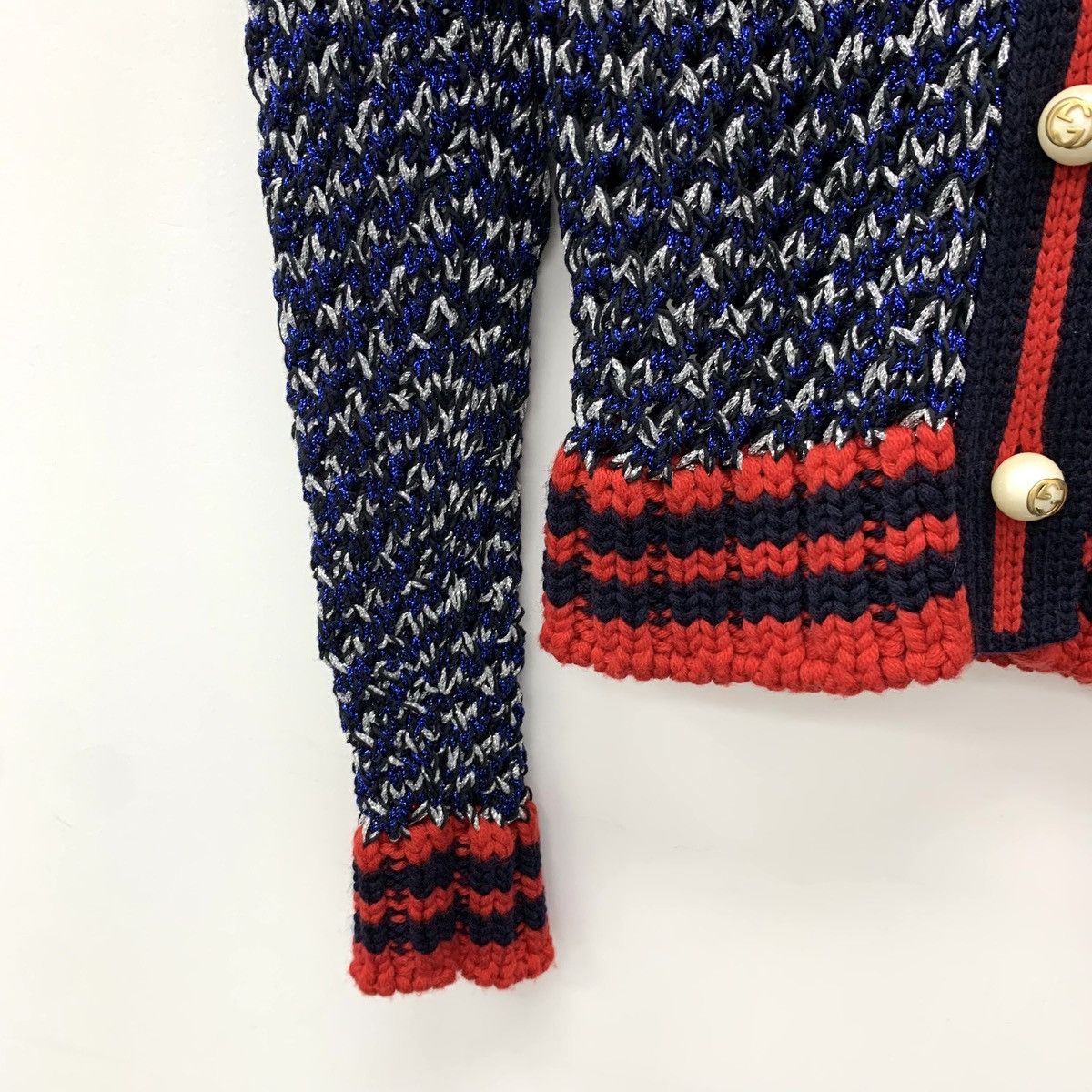 Gucci Navy Blue Striped Lace Pearl Button Knit Cardigan