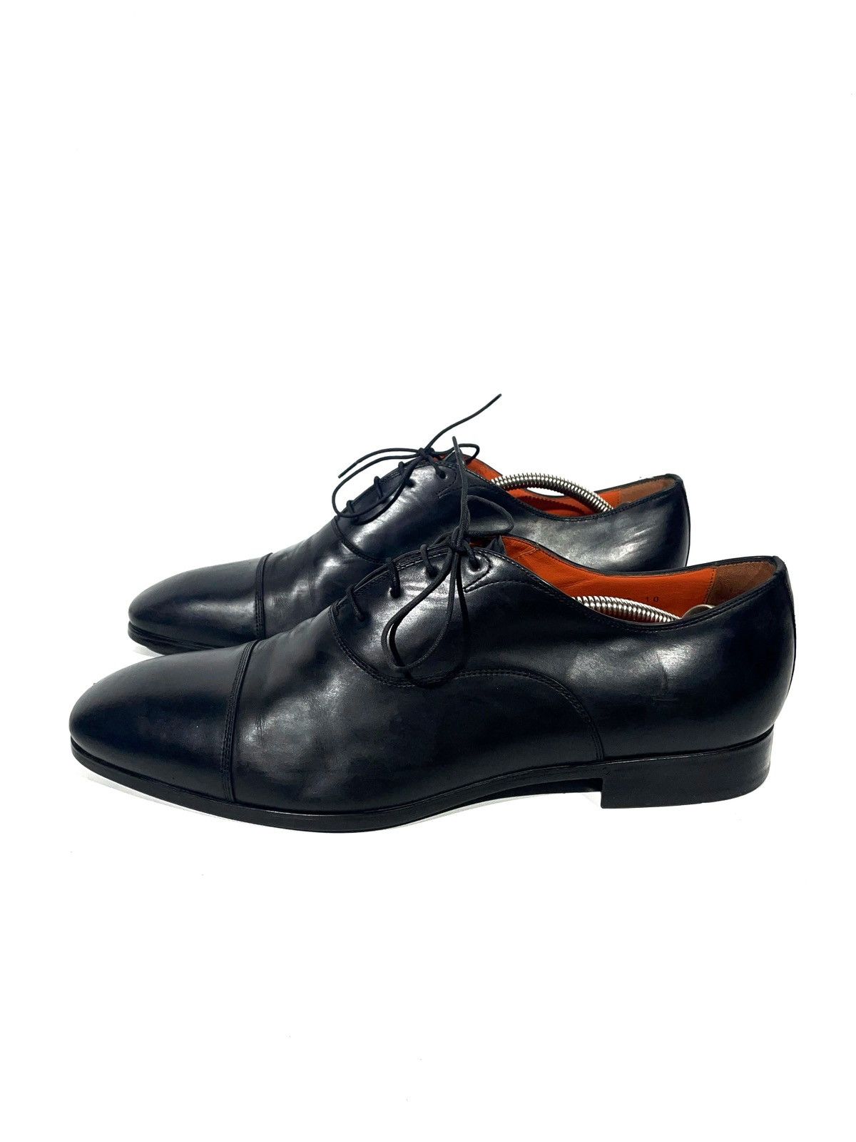 image of Designer Leather Men Black Oxford Shoes Santoni Size 10/45 Eu Italy