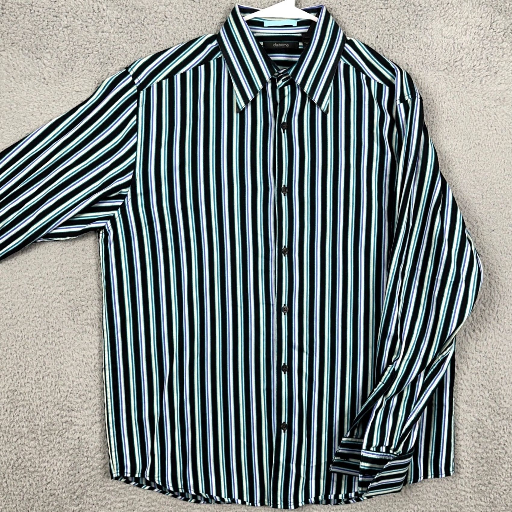 Liz Claiborne Claiborne Mens Large Modern Fit Shirt Dress Black Green Striped French Cuff EUC Size 42R - 2 Thumbnail