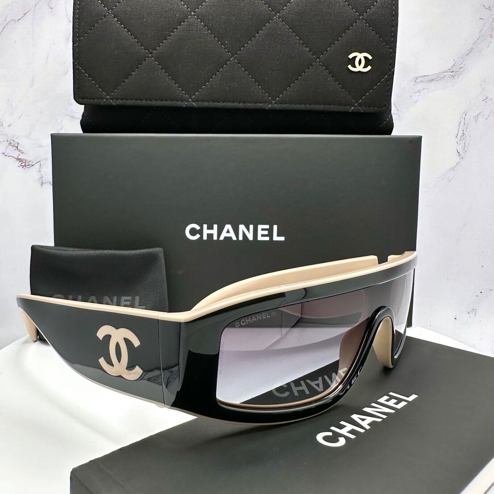 New CHANEL Black & Beige Shield Sunglasses Two Tone CC Logo