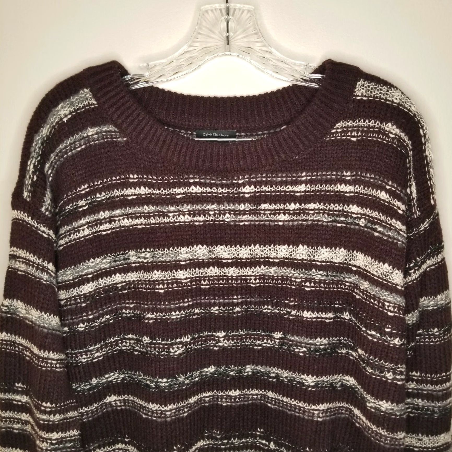 Calvin Klein Calvin Klein Womens Striped Long Sleeve Sweater Burgundy White Size M - Pullover - Red - Knit Size M / US 6-8 / IT 42-44 - 2 Thumbnail