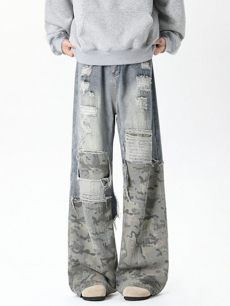 Japanese Brand Street men's loose stitching wide-leg straight ripped jeans Size US 32 / EU 48 - 1 Thumbnail