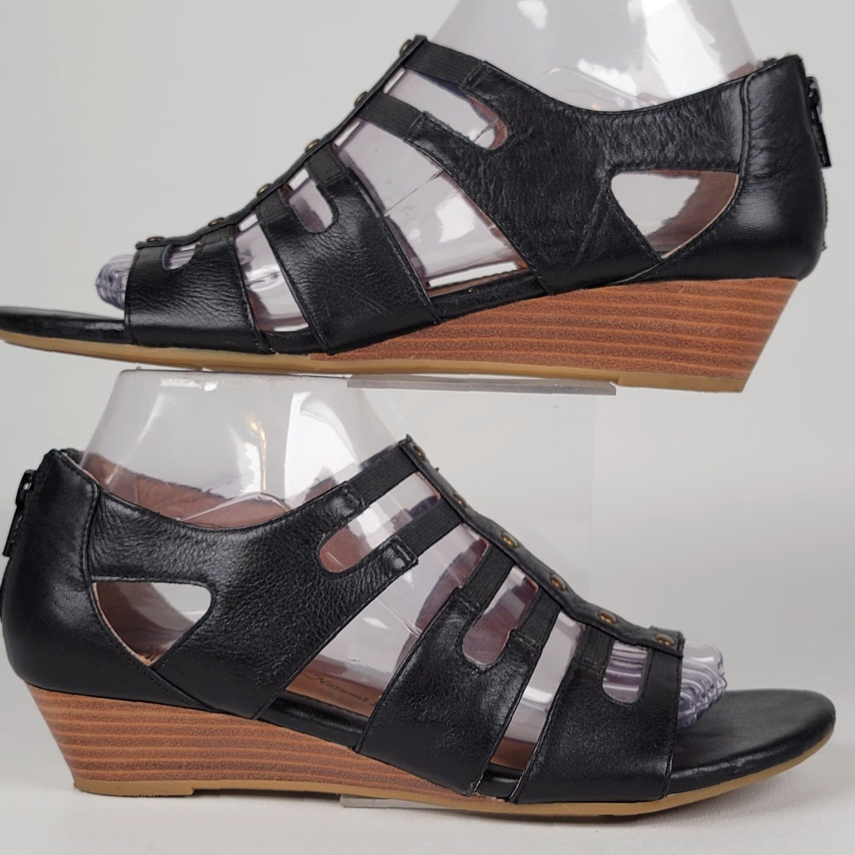 Vintage Söfft Sandals Womens Black Elastic Studded Wedge Heel Sandals 8M Buckle Arch Support Cushioned Leather Size US 8 / IT 38 - 3 Thumbnail