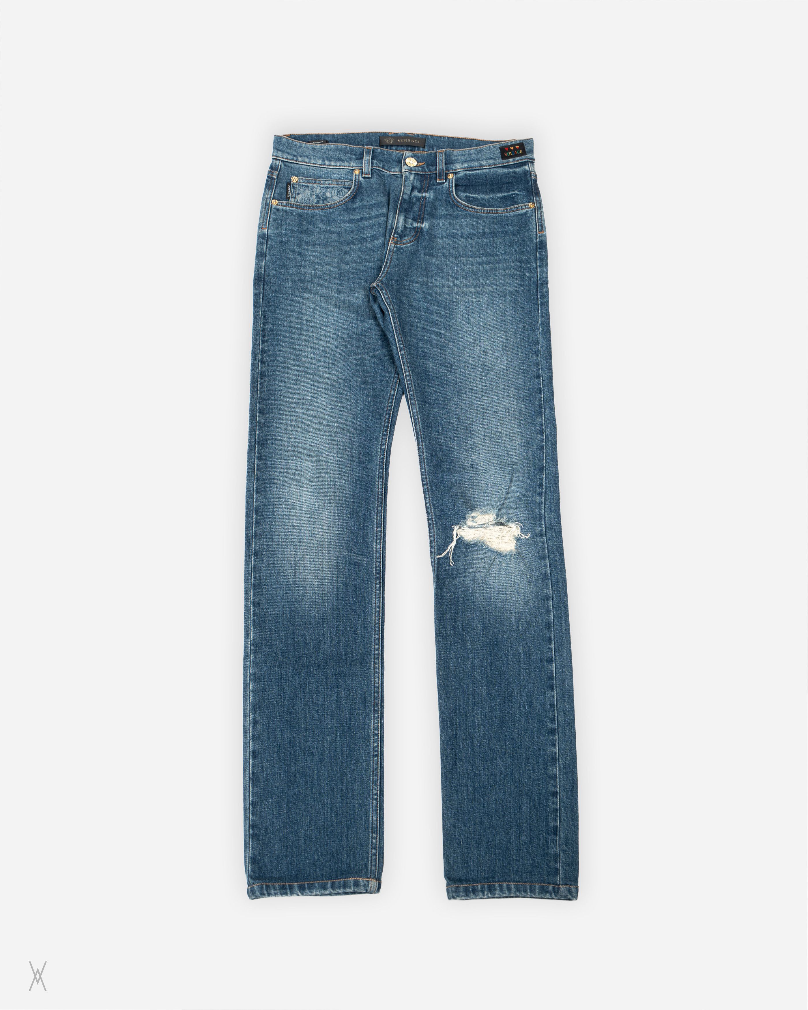 VERSACE Tonal Print Detail Jeans with Knee Distressing