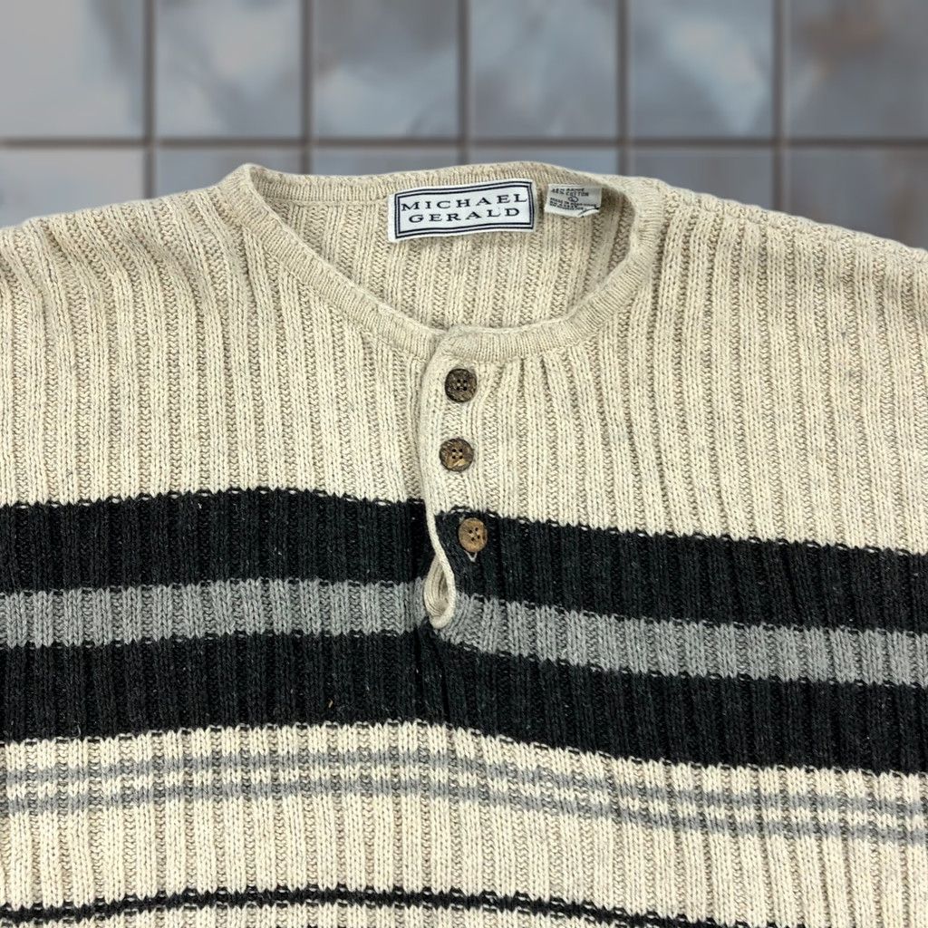 Vintage VINTAGE Michael Gerald Men's L Striped Ribbed Henley Sweater Beige Gray Burgundy Pullover Button-Up Knit Ramie Cotton Classic Outdoor Fall Winter Size US L / EU 52-54 / 3 - 1 Thumbnail