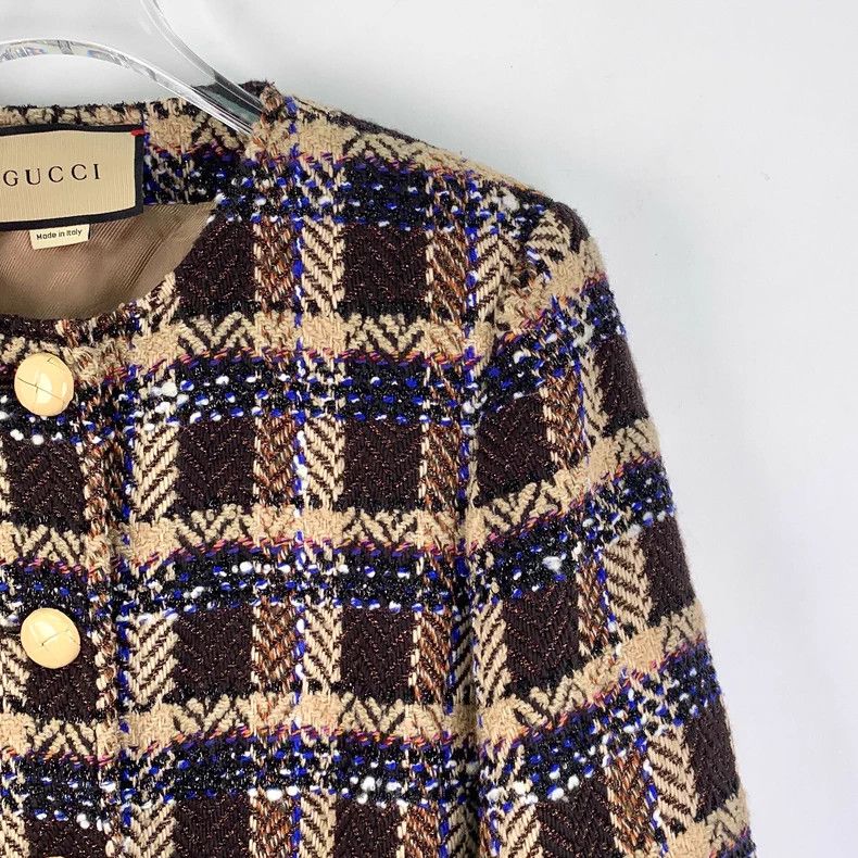 Gucci Gucci Dark brown plaid wool round neck single-breasted lon Size XS / US 0-2 / IT 36-38 - 3 Thumbnail