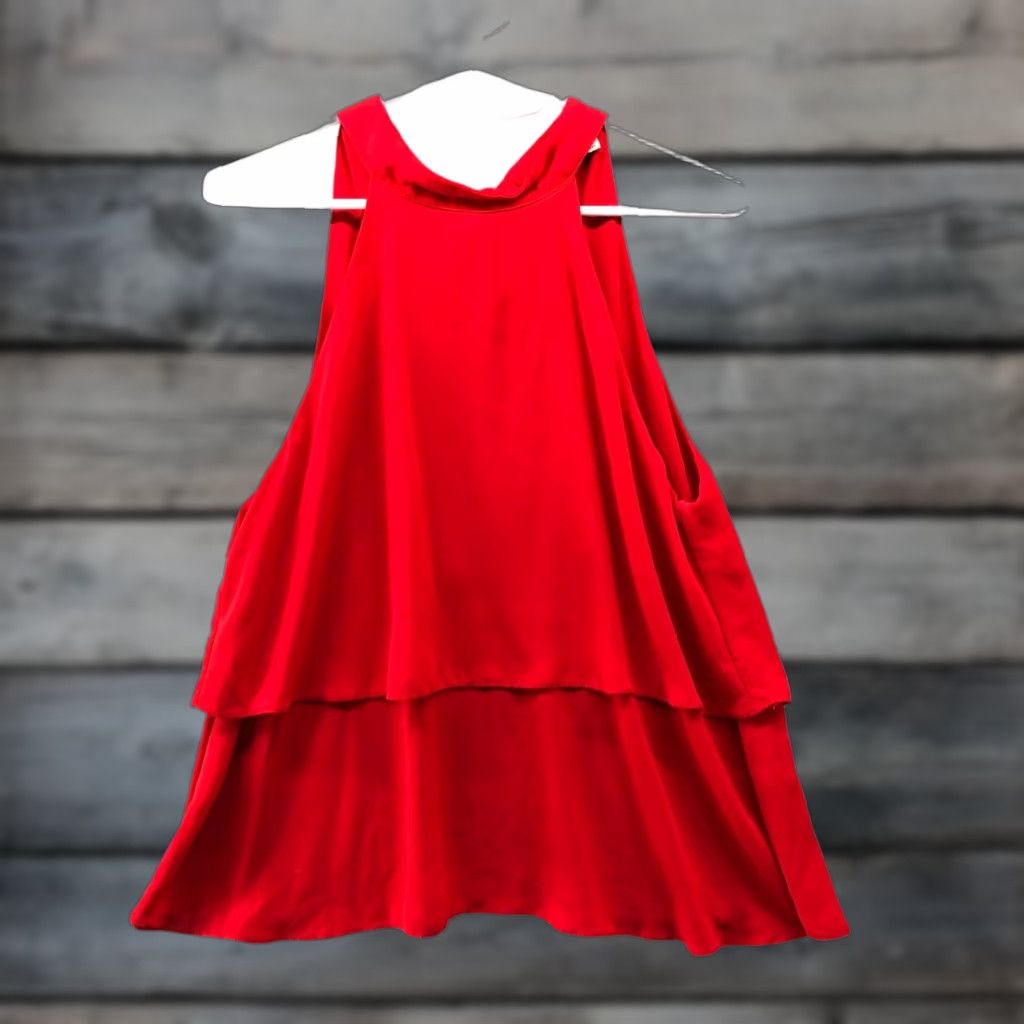 Zara Zara Blouse Sleeveless Womens S Red Tank Tiered Tie Neck Chiffon Polyester High Neck Casual Top Size S / US 4 / IT 40 - 1 Thumbnail