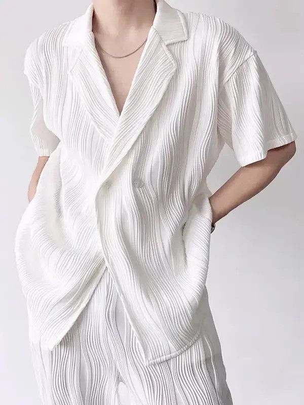 VIBE Korean fashion white wave pleats short sleeve shirt jacket Size US L / EU 52-54 / 3 - 4 Thumbnail