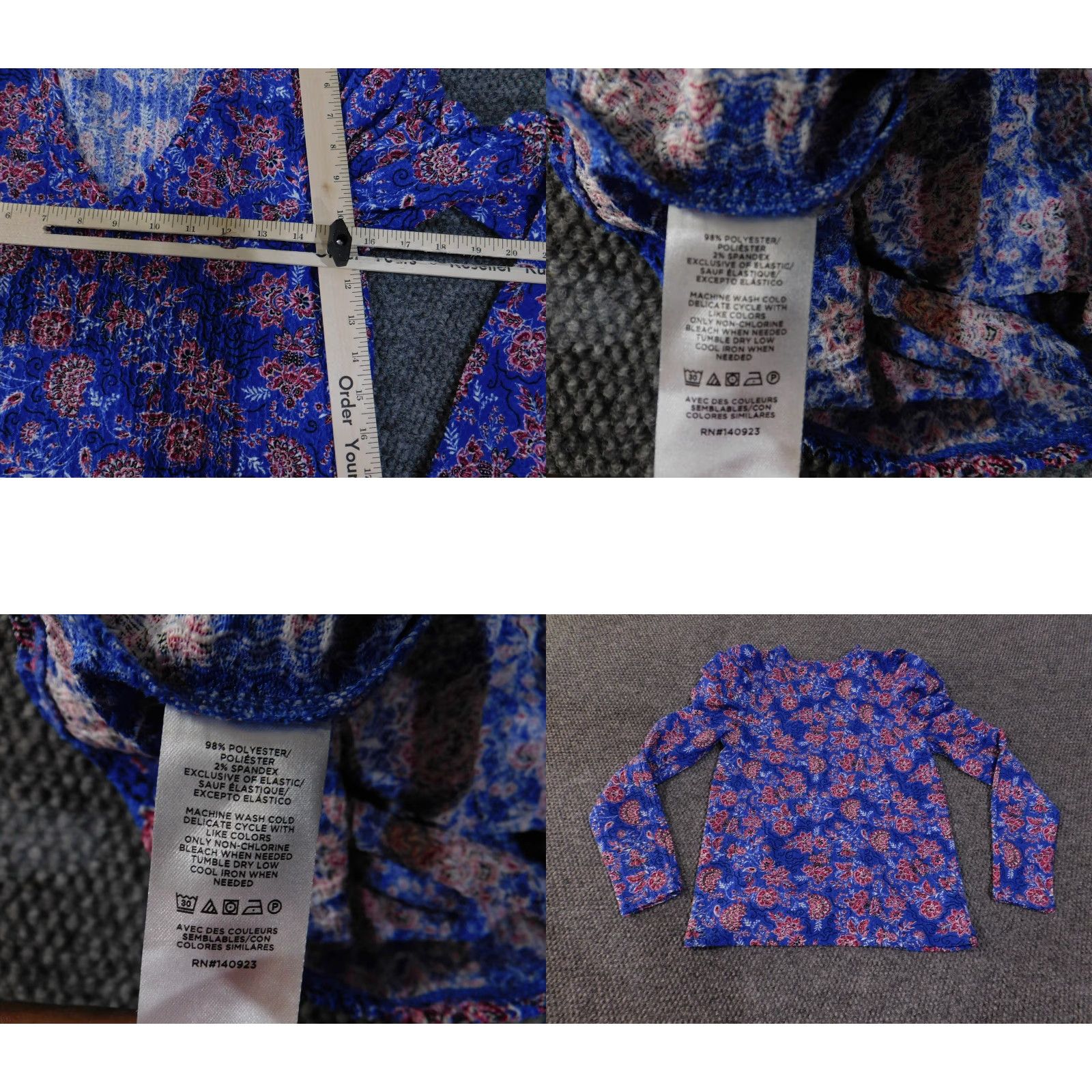 Loft VINTAGE LOFT Top Womens XS Blue Pink Floral Long Sleeve Ruched Blouse Stretch Boho Size XS / US 0-2 / IT 36-38 - 8 Thumbnail