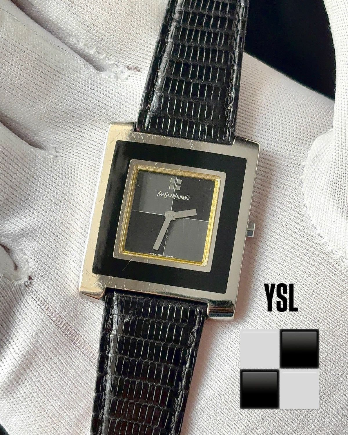 Yves Saint Laurent Vintage YSL square enamel bezel square grey black dial croc Size ONE SIZE - 1 Thumbnail