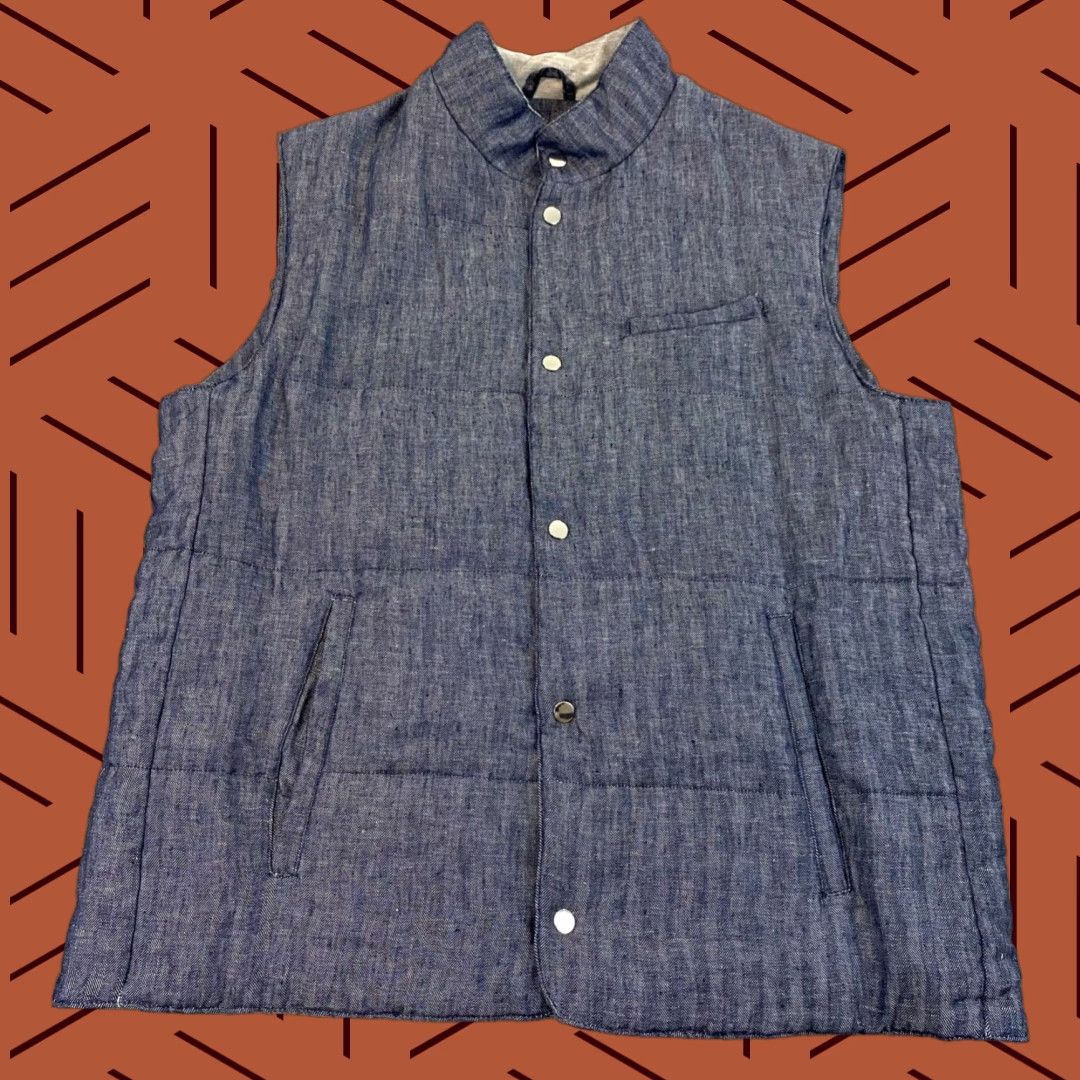 johnnie-O JOHNNIE-O Vest Men XL Blue White Top Shelf Puffer Linen Full Snap Outerwear Golf Size 46R - 1 Thumbnail
