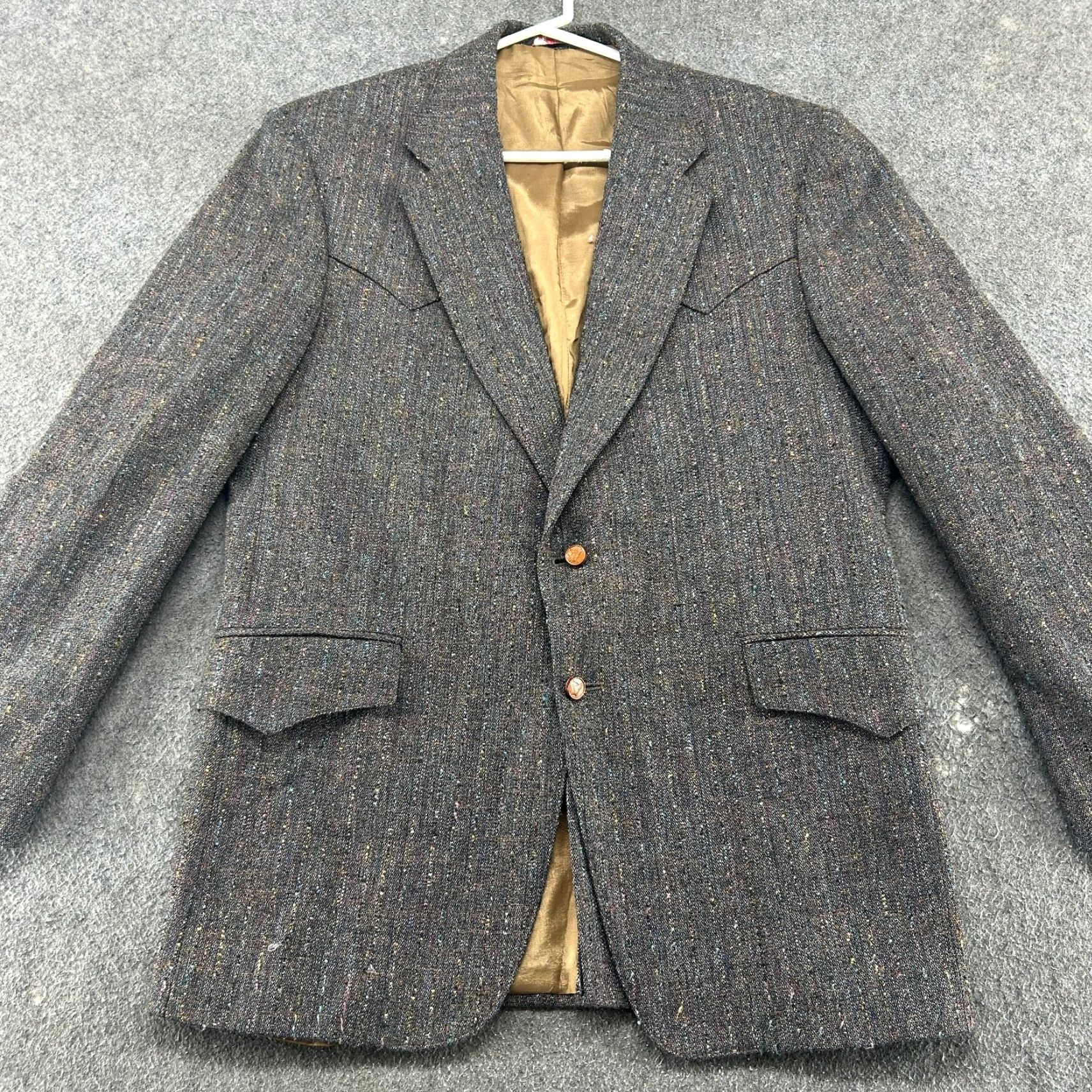 Vintage VINTAGE Larry Mahans Blazer Shirt Mens 42R Brown Wool Tweed Herringbone 90s USA Two-Button Cuff Missing Button Size 42R - 3 Thumbnail