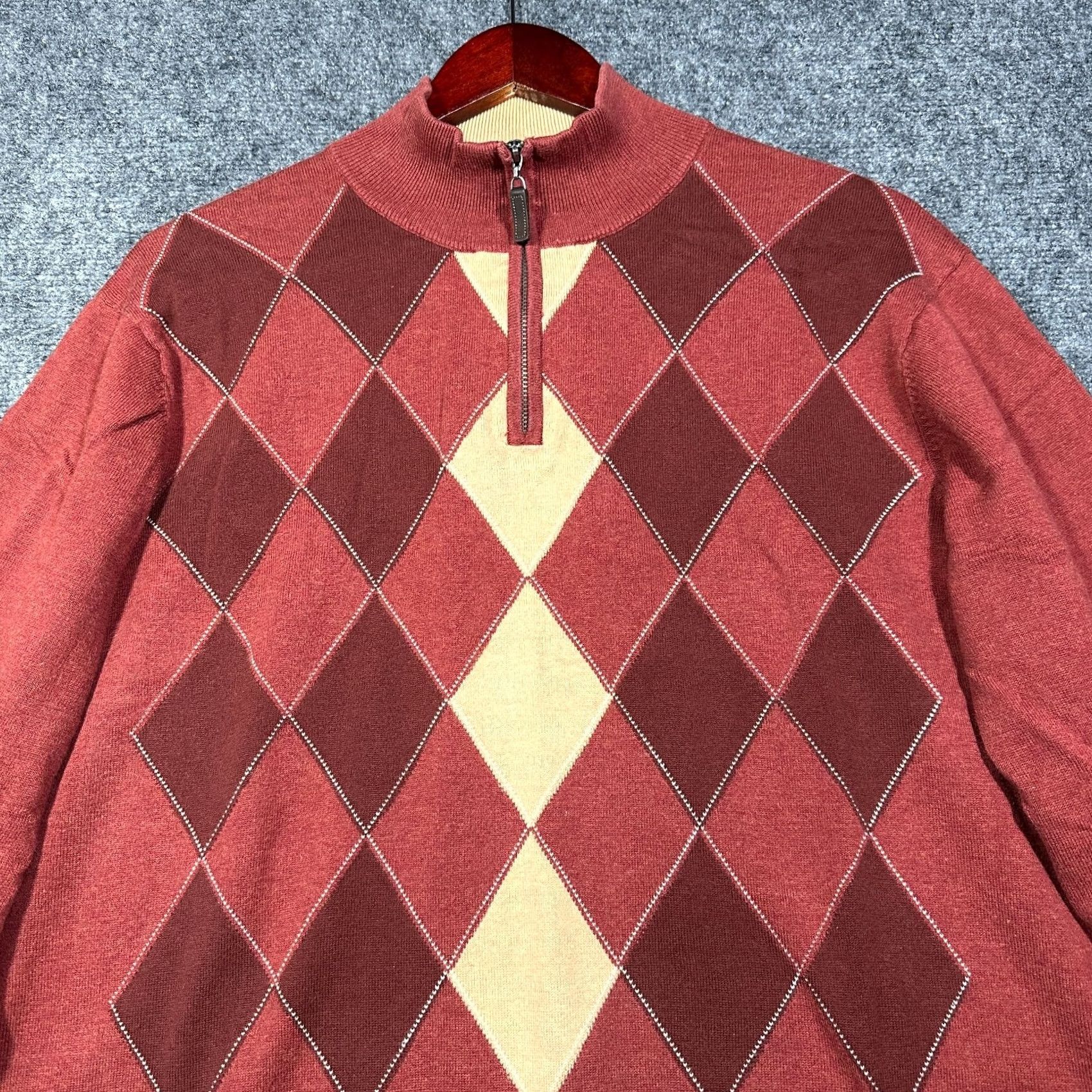 Tasso Elba Tasso Elba Sweater Mens L Rust Argyle Mock Zip Up Neck Ribbed Cuffs Hem Knit Cotton Fall Winter Classic Modern Size US L / EU 52-54 / 3 - 4 Thumbnail