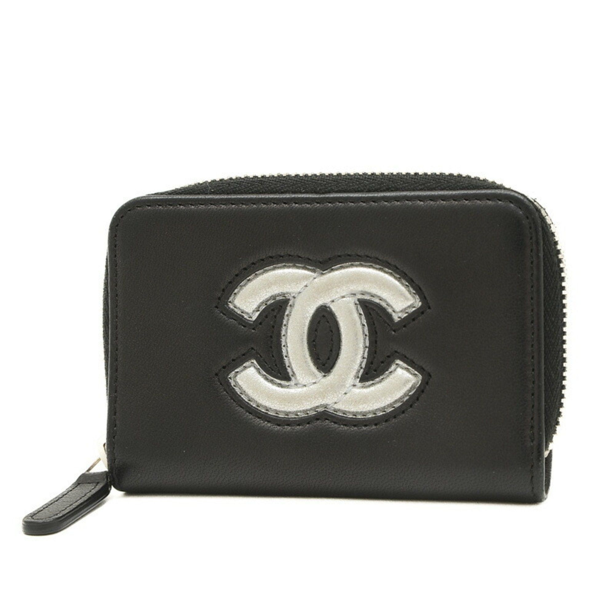 image of Chanel Cocomark Wallet/coin Case Round Wallet Lambskin Black Silver, Women's