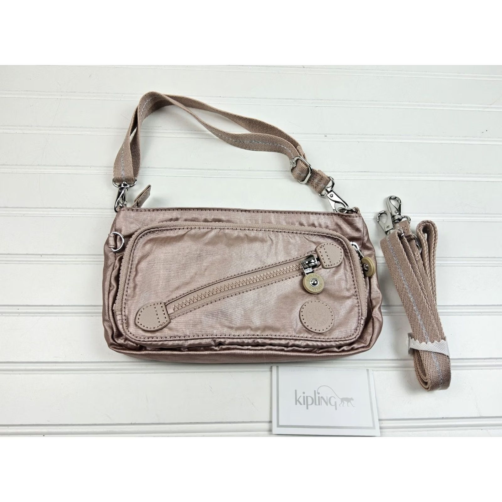 Vintage Kipling Pink Crossbody Shoulder Handbag Purse Metallic Pink Nylon Women Crossbody Bag 10x6x1 NWT Size ONE SIZE - 2 Thumbnail
