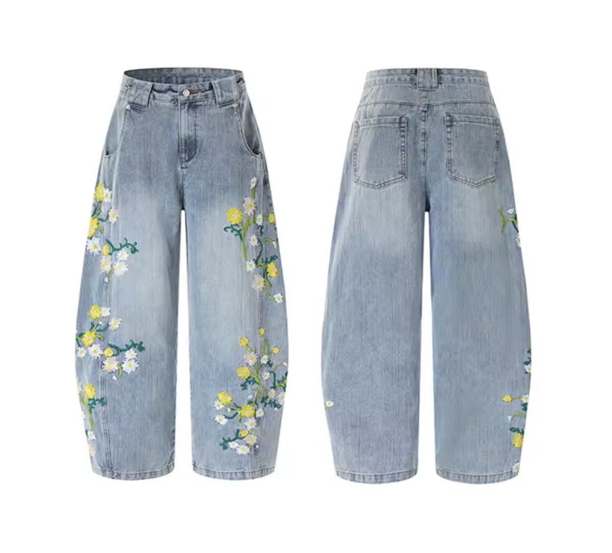 Jean Washed gradient men's floral embroidered curved blade jeans Size US 27 - 6 Thumbnail