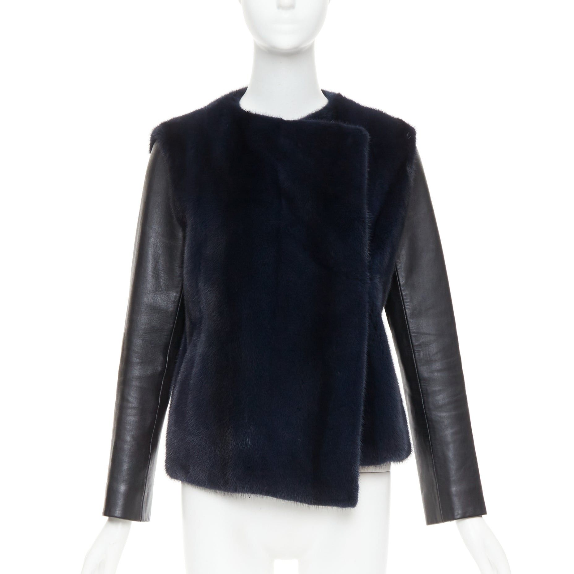 Dior CHRISTIAN DIOR navy natural fur black soft leather sleeve silk lined jacket Size S / US 4 / IT 40 - 1 Thumbnail