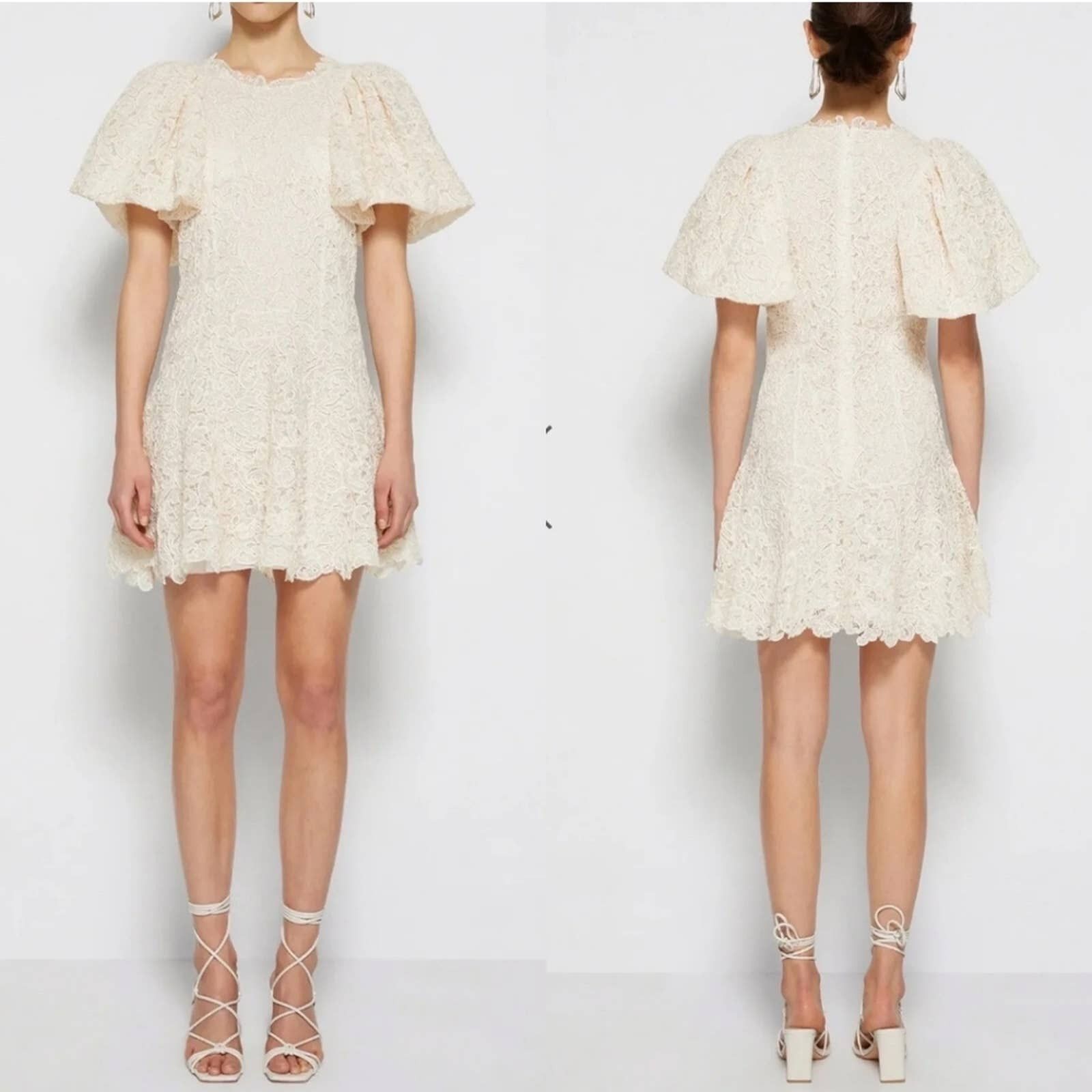 image of Jonathan Simkhai Gigi Lace Puff Sleeve Mini Dress In Almond in Cream, Women's (Size Small)