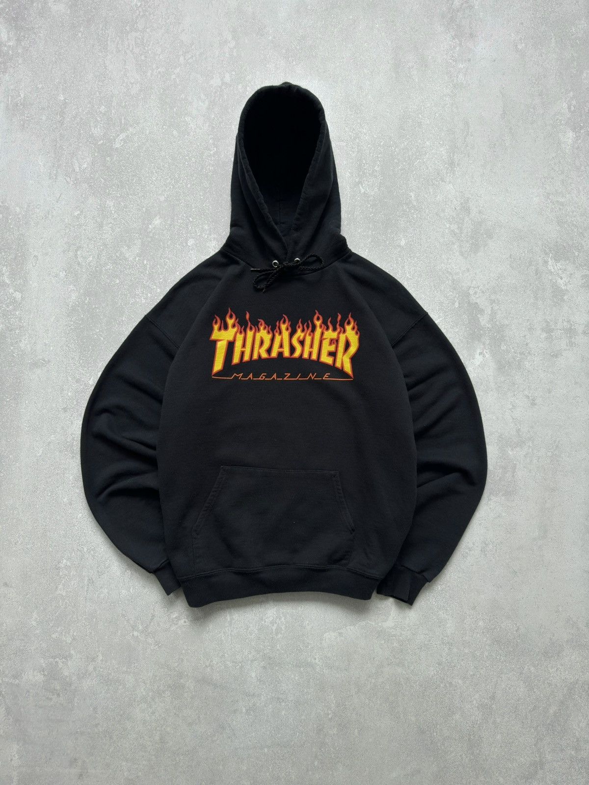 Vintage Thrasher Flame Logo Black Boxy Fit Hoodie Y2K