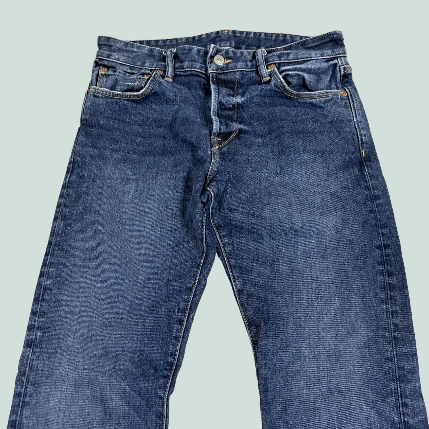 Buck Mason Maverick Slim Jeans Mens 30x32 Denim 14 Oz Stretch Straight 5-Pocket Button Closure Dark Blue Regular Rise Mid Vintage: No, Men's