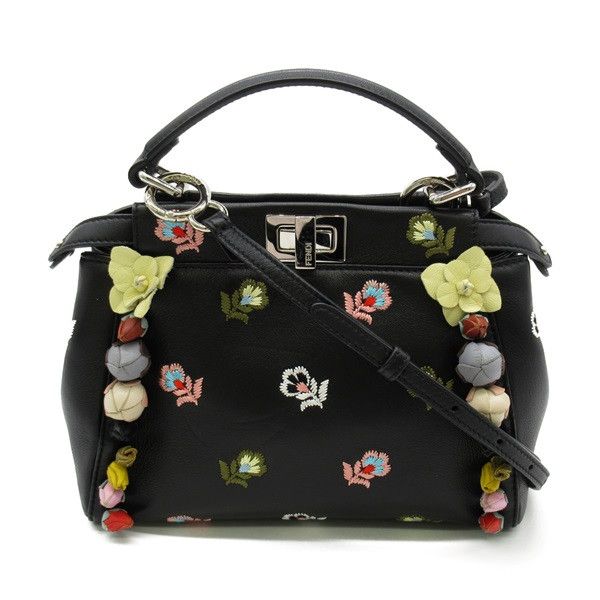 image of Fendi Mini Peekaboo Embroidered Flower Leather Handbag in Black, Women's