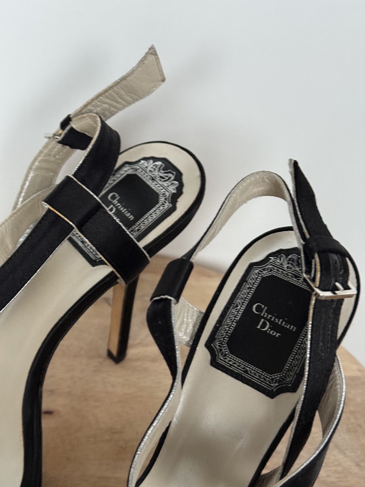 Designer × Dior × Vintage Christian Dior Satin Black Elegant Sandals Ankle Straps Rose Size US 5.5 / IT 35.5 - 5 Thumbnail