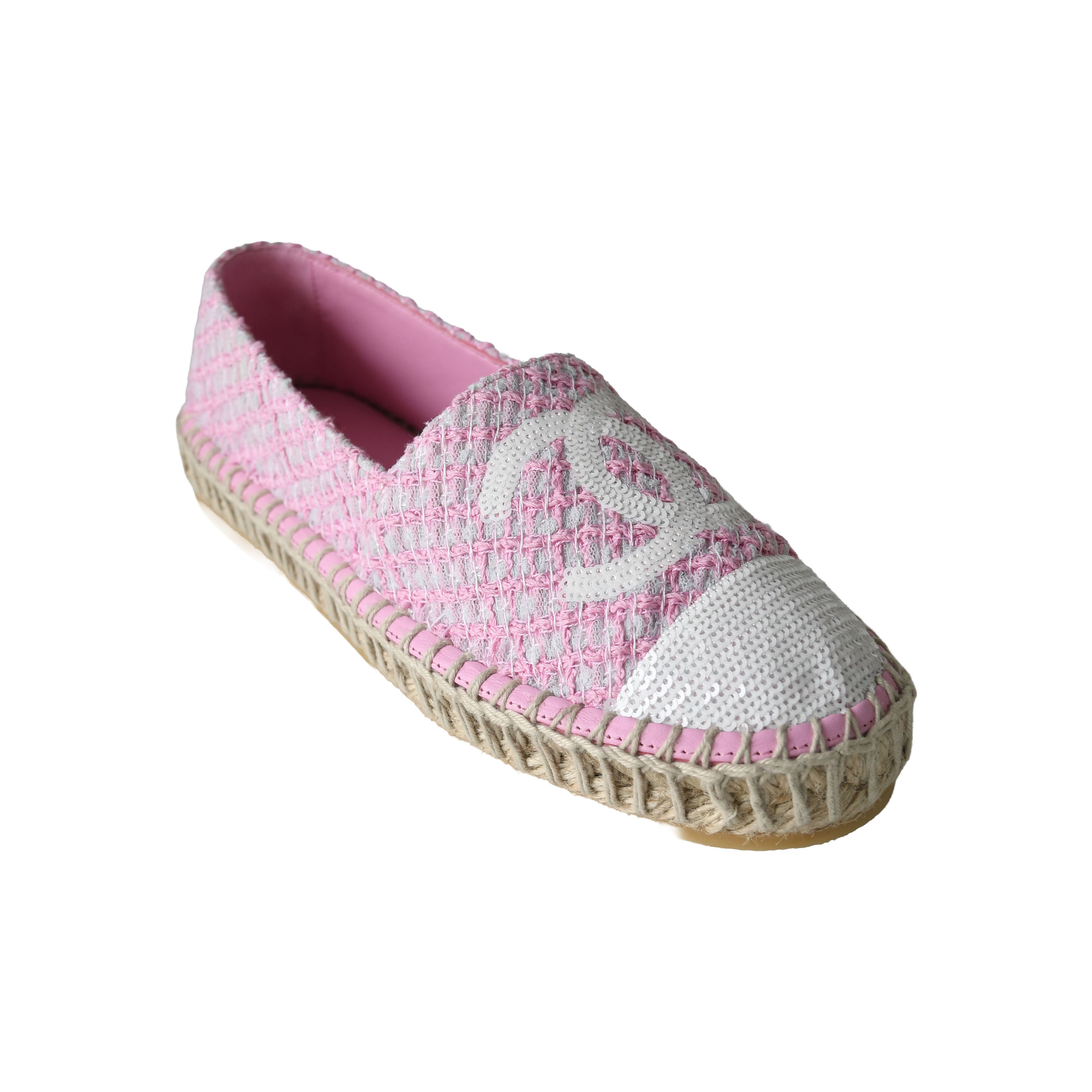 Chanel Chanel Espadrilles Tweed Lambskin Flats Light Pink White Size US 5 / IT 35 - 1 Thumbnail