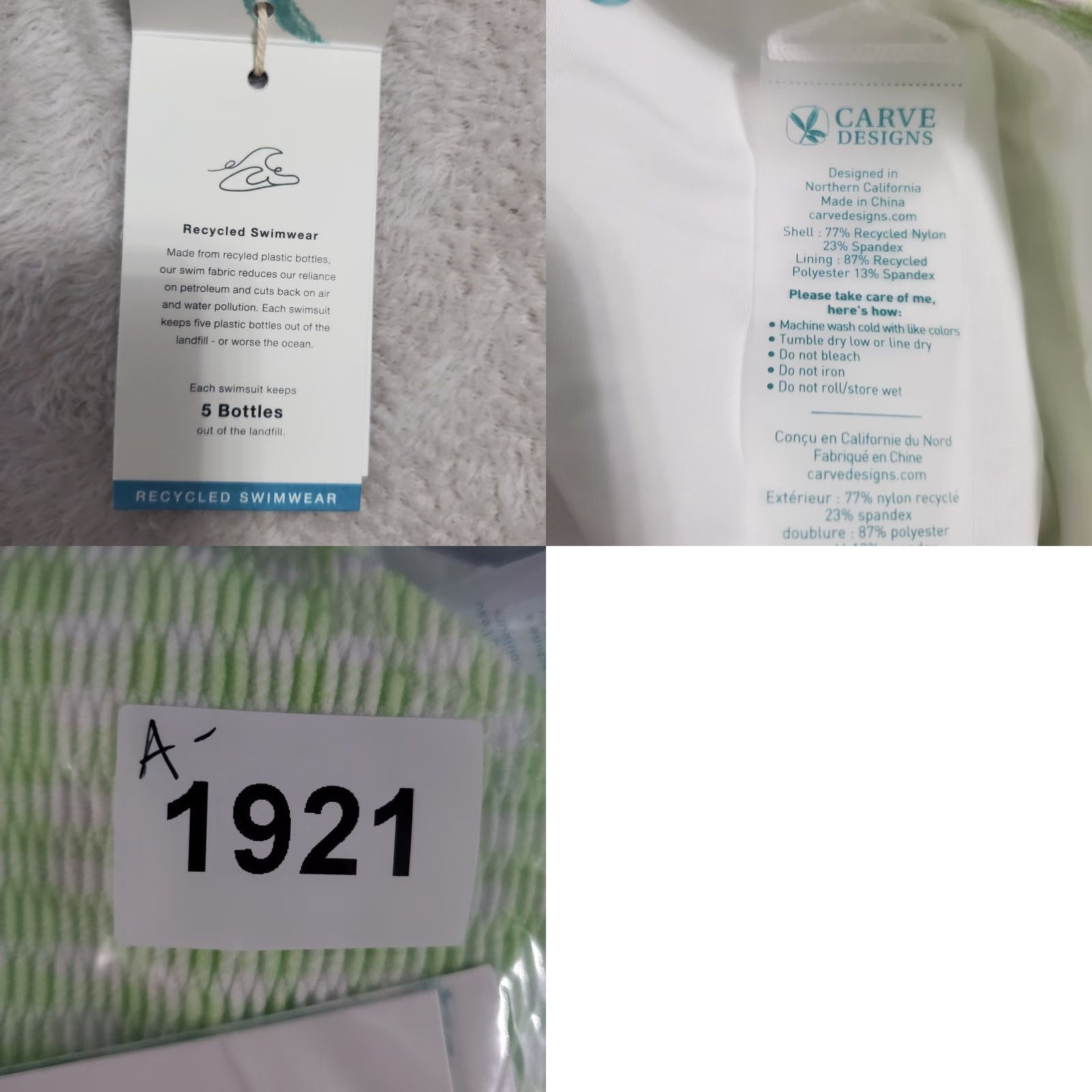 Vintage Carve Designs Cardiff Bikini Bottom Women M Lime Green White Spritz Texture Gingham UPF 50 4-Way Stretch Nylon Spandex Beach Surf Sustainable Size 32" / US 10 / IT 46 - 8 Thumbnail