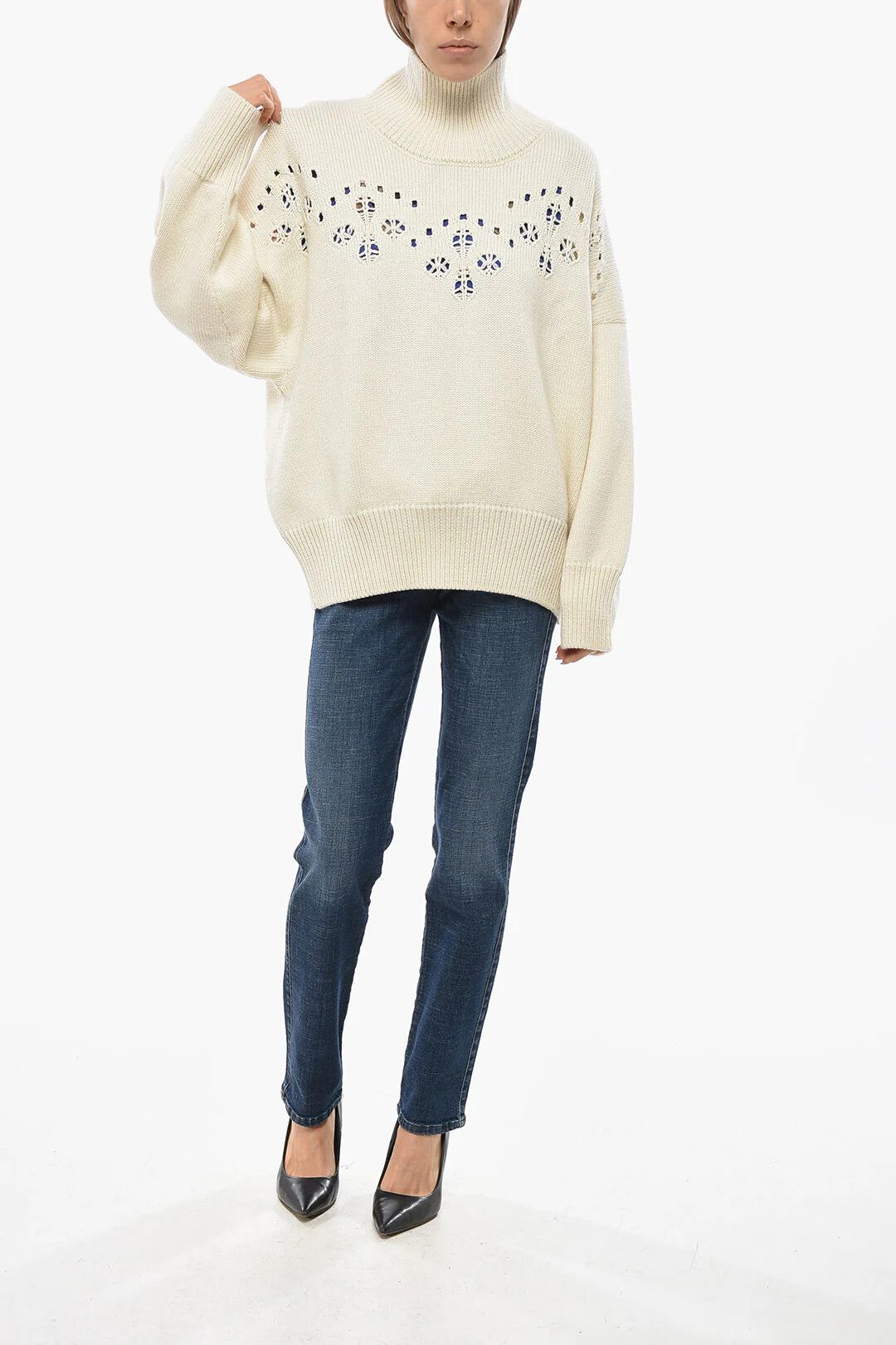 Chloe og1mm0426 High-Neck Wool Openwork Sweater in White Size S / US 4 / IT 40 - 4 Thumbnail