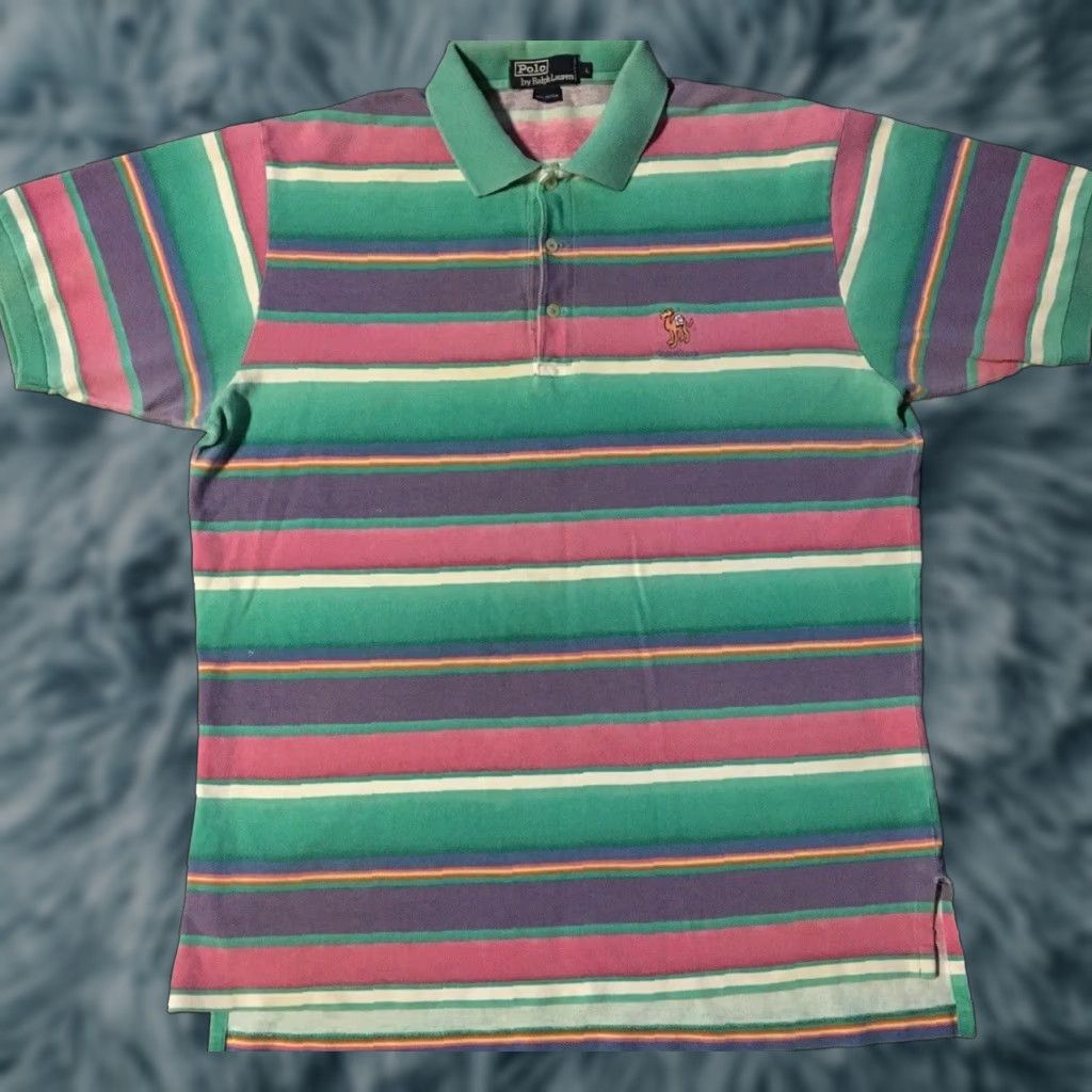 Polo Ralph Lauren VINTAGE Polo Ralph Lauren Shirt L Purple Green Pink Striped 90s Polo Button-Up Short Sleeve Mens Vintage Surf Skate Vaporwave USA Beach Grunge 80s 90s Size US L / EU 52-54 / 3 - 1 Thumbnail