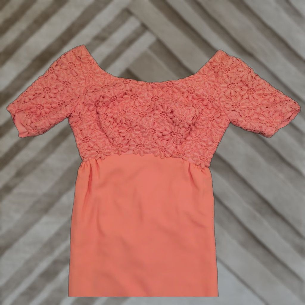 VINTAGE Dress Womens Small Orange Peach Maxi Gown Floral Lace 60s