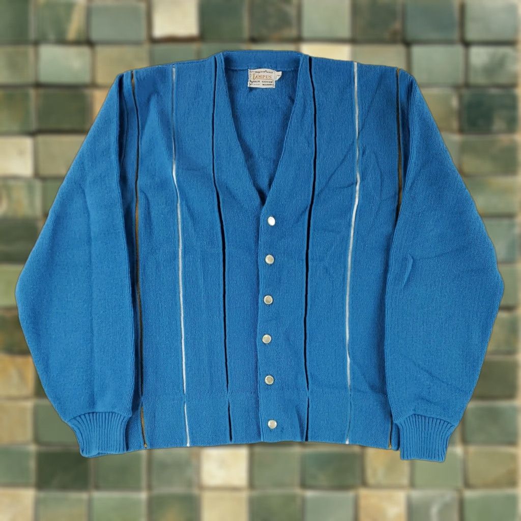 Vintage VINTAGE Campus Cardigan Sweater Knit Alpaca Stitch Blue Rockabilly Mens M Size US M / EU 48-50 / 2 - 1 Thumbnail