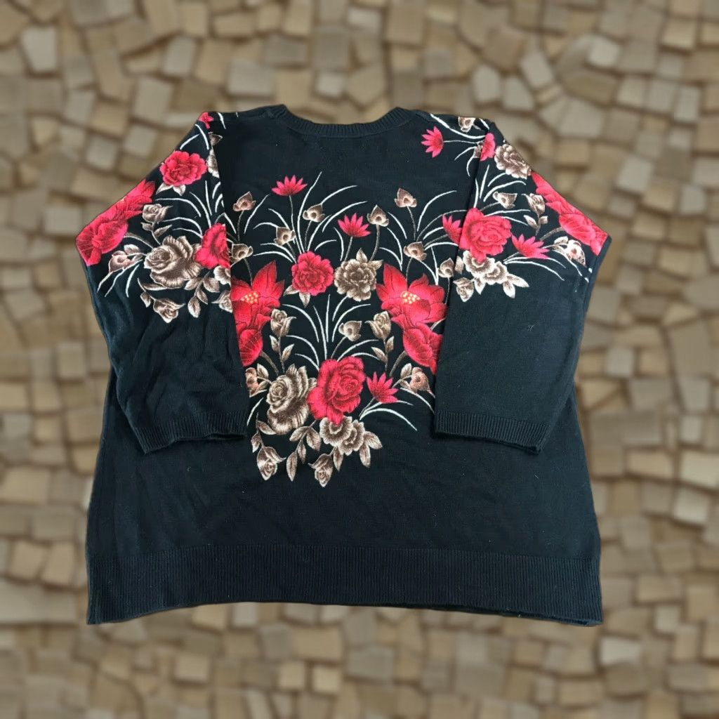Vintage Cathy Daniels Sweater Women's XL Black Floral 1/2 Sleeve Jeweled Pullover Knit Size XL / US 12-14 / IT 48-50 - 1 Thumbnail