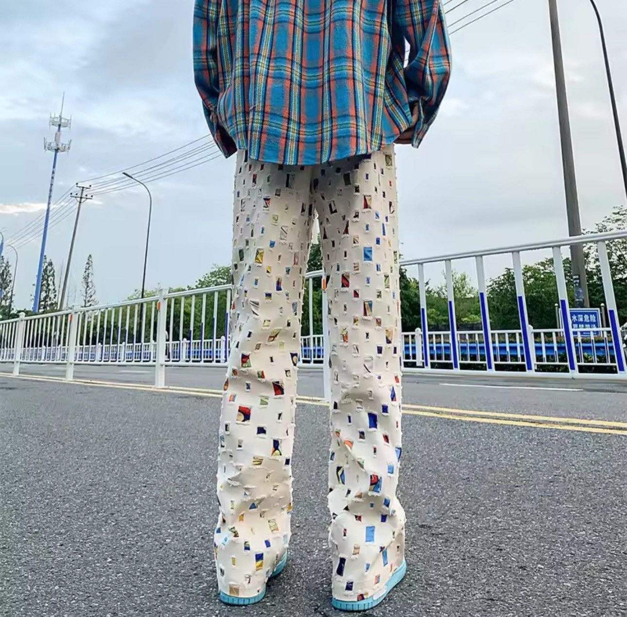 Designer Streetwear Design Colored Hip Hop Hole Pants Size US 29 - 3 Thumbnail