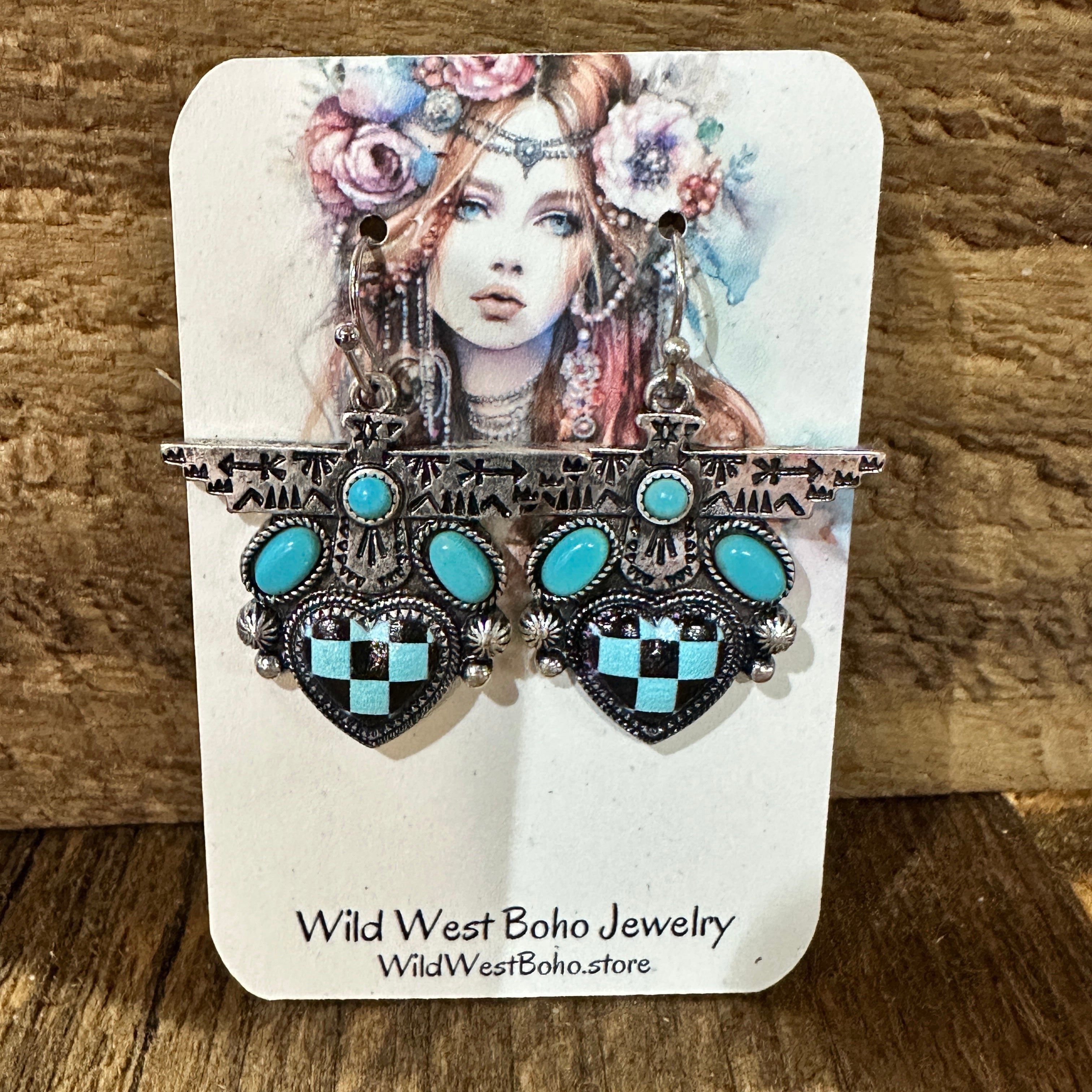Other Boho Turquoise Thunderbird Earrings, Stylish Checkered Desig Size ONE SIZE - 8 Thumbnail