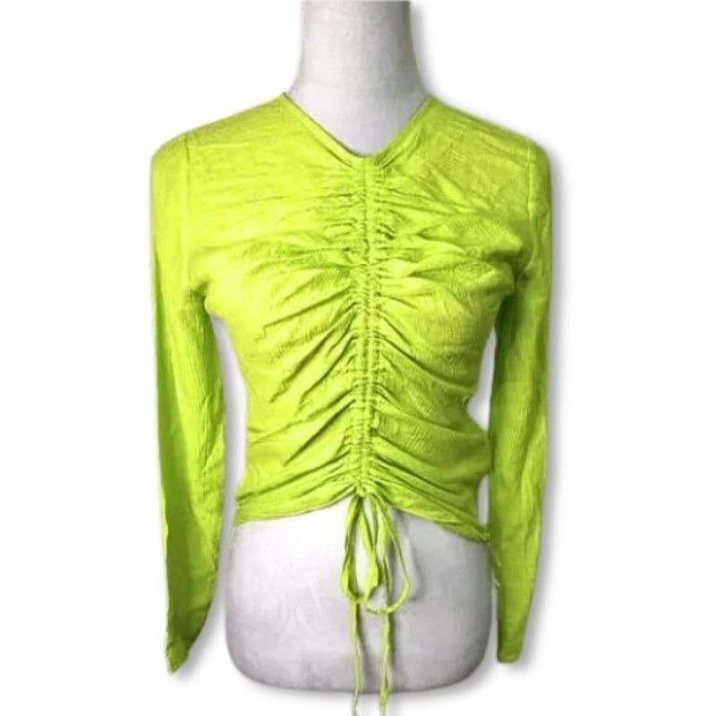 Topshop Topshop Long Sleeve Blouse Tie Ruched Green Women's 2 NWOT Size XS / US 0-2 / IT 36-38 - 2 Thumbnail