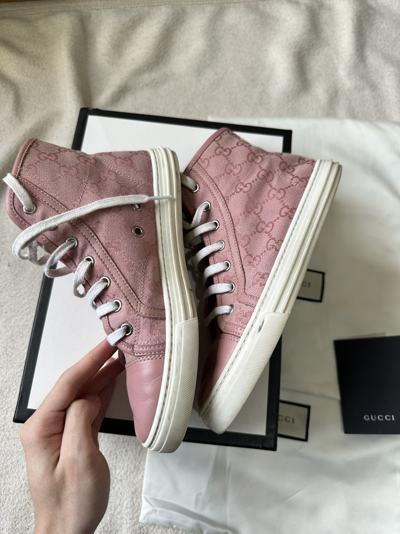 Gucci Gucci High-top Sneakers Pink Canvas and Leather Monogram Size US 6 / IT 36 - 6 Thumbnail