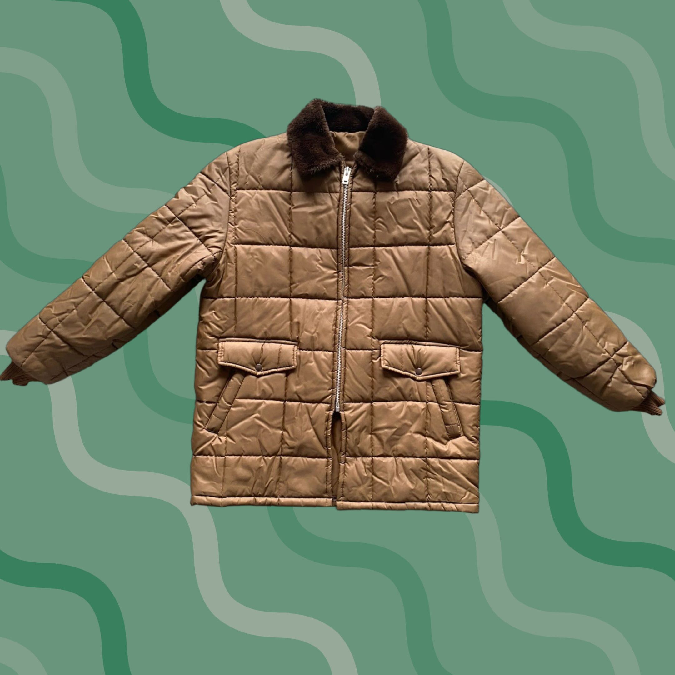 Vintage VINTAGE Cal Craft? 1970s Army Brown Quilted Jacket XL Pockets Zip Men Regular Size Brown Coat - Men XL Vintage Size US XL / EU 56 / 4 - 1 Thumbnail