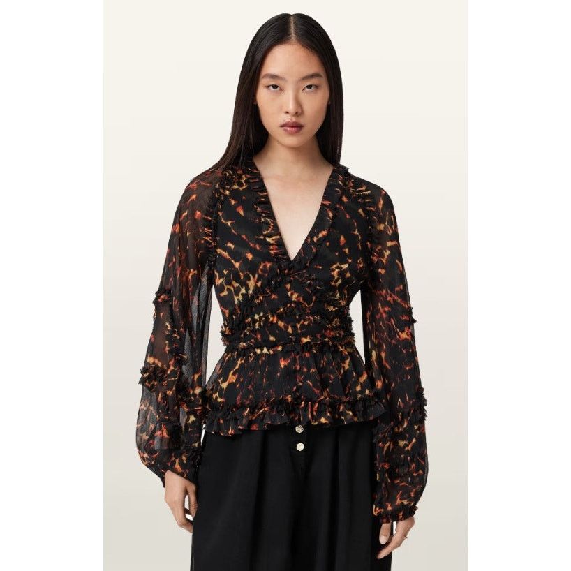 Allsaints AllSaints Flame Tortoiseshell Ruffle Sheer Blouse US 2 Size XS / US 0-2 / IT 36-38 - 1 Thumbnail