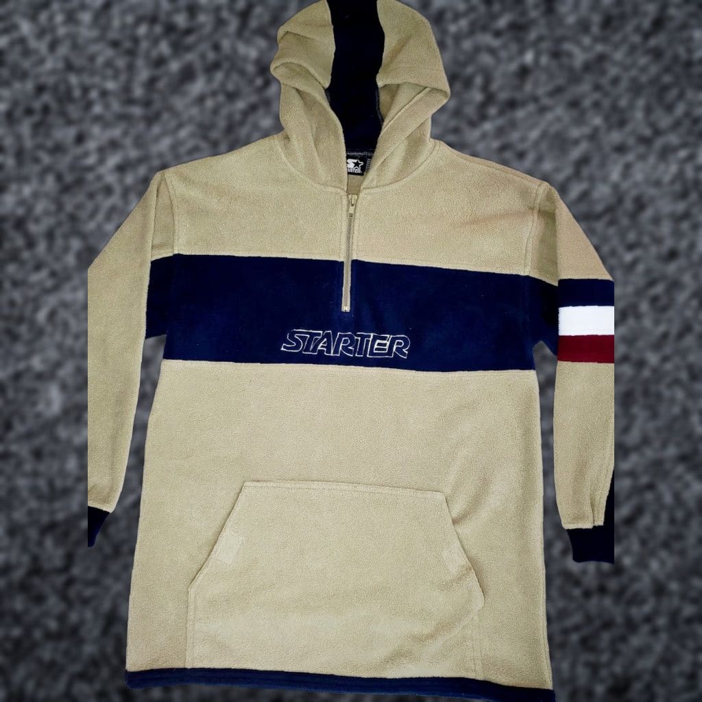 Starter VINTAGE Starter Hoodie 1/4 Zip Long Sleeve Fleece Pullover Mens Cream/Navy Blue Size US L / EU 52-54 / 3 - 1 Thumbnail