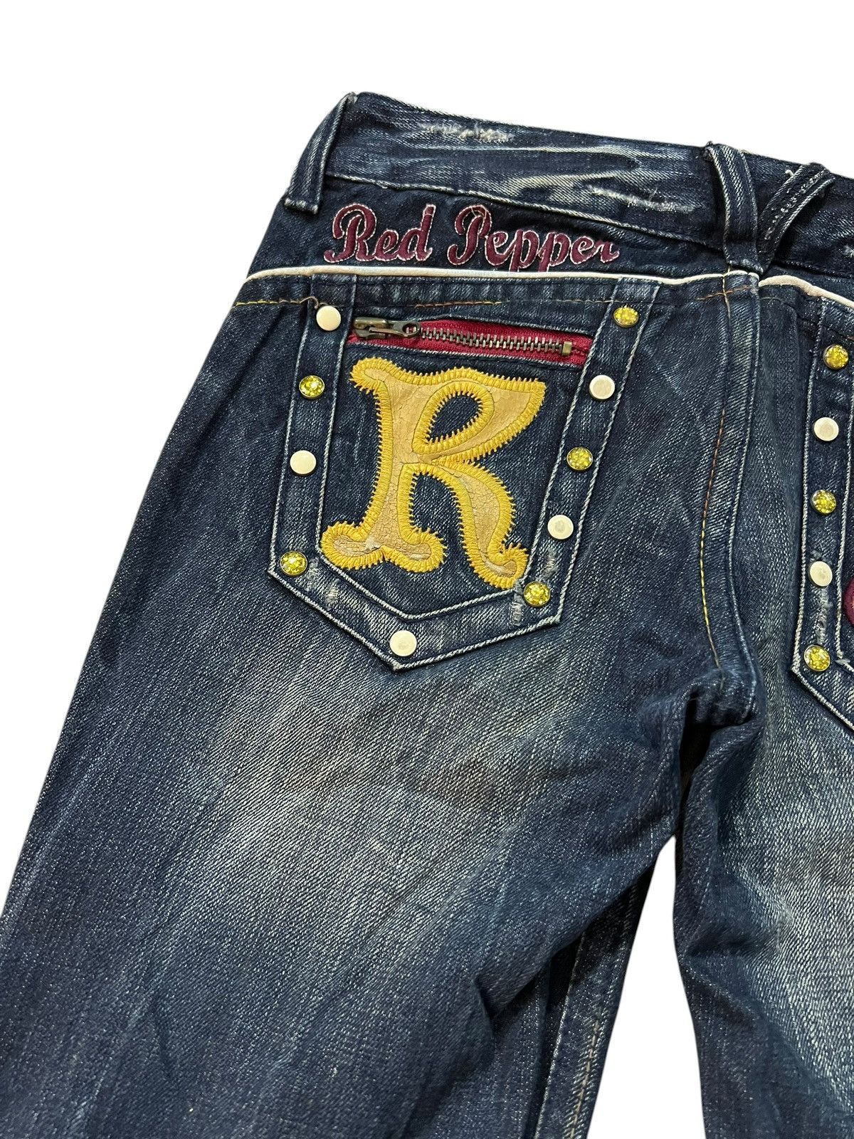 Japanese Brand Flare Redpepper Embroidery Skull Mud Wash Lowrise Jean Size US 31 - 16 Thumbnail