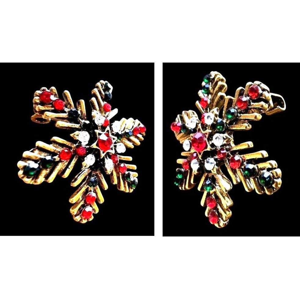 Handmade Christmas Snowflake Brooch Pin Star Red Green Crystal Accent Size ONE SIZE - 5 Thumbnail