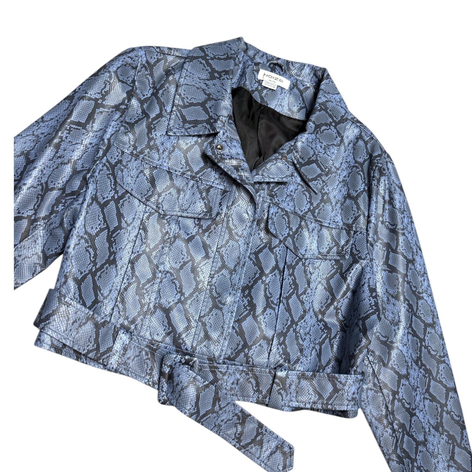 Other NOIZE Faux Vegan LEATHER Blue Cropped Bomber Jacket 2XL Size XXL / US 16-18 / IT 52-54 - 8 Thumbnail