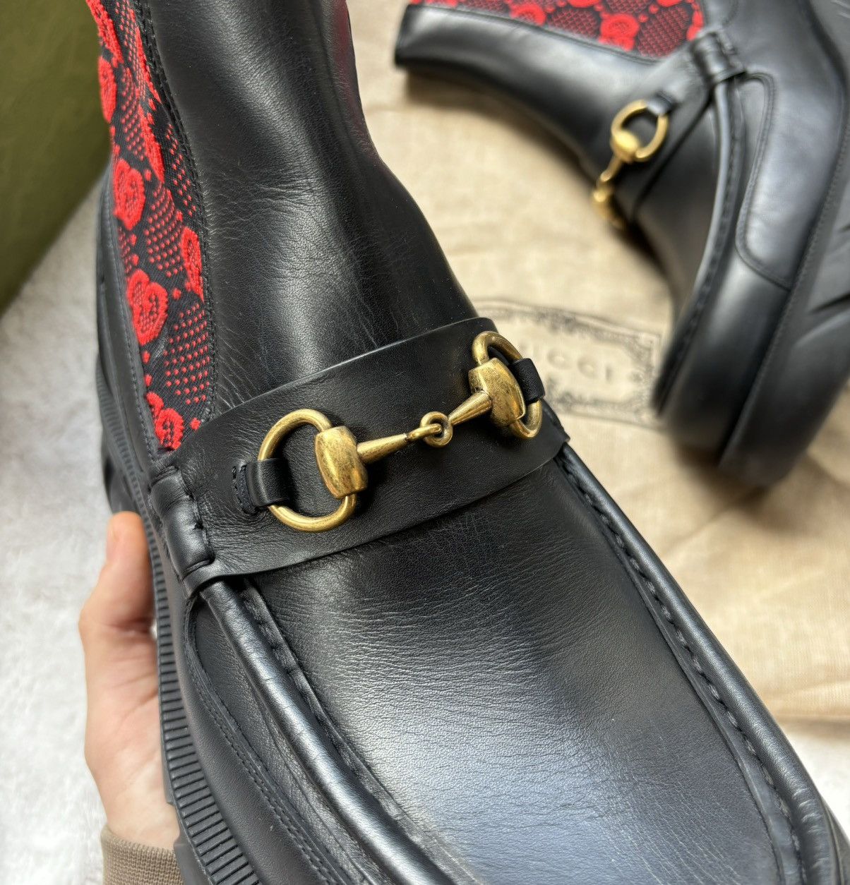 Gucci Gucci Black/Red Monogram GG Horsebit Chelsea Boots Size US 9.5 / EU 42-43 - 3 Thumbnail