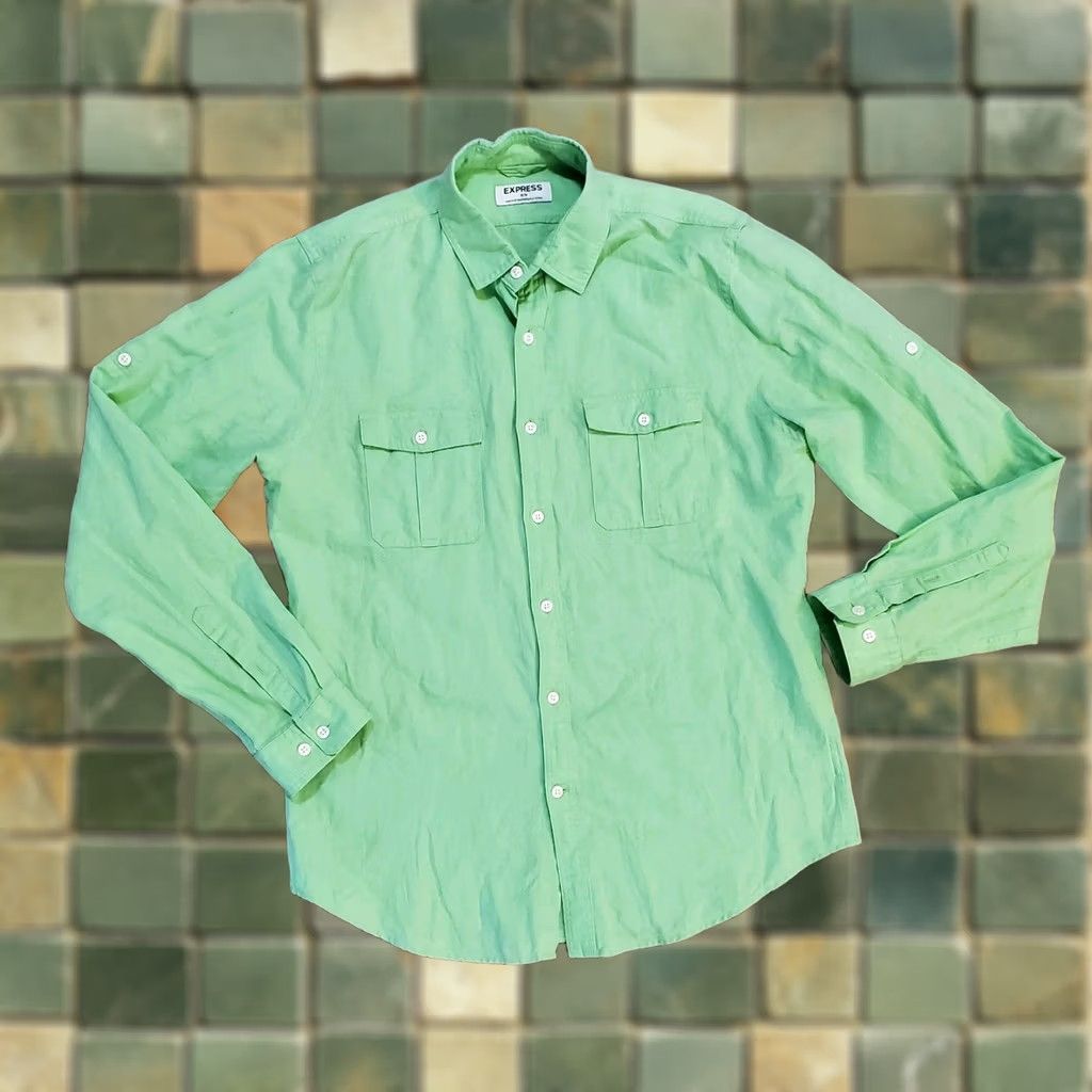 Express VINTAGE Express Shirt Sz M Bright Green Linen Button Down Mens Spring Easter Size US M / EU 48-50 / 2 - 1 Thumbnail