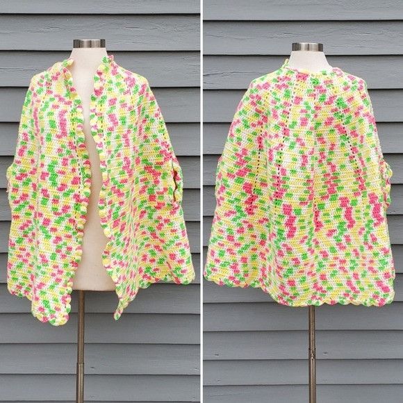Handmade Handmade 80s Retro Neon Pink Green Yellow Poncho Cape One Si Size ONE SIZE - 2 Thumbnail